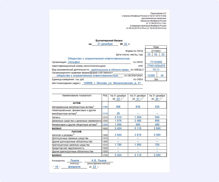 Пример бухгалтерской отчетности
